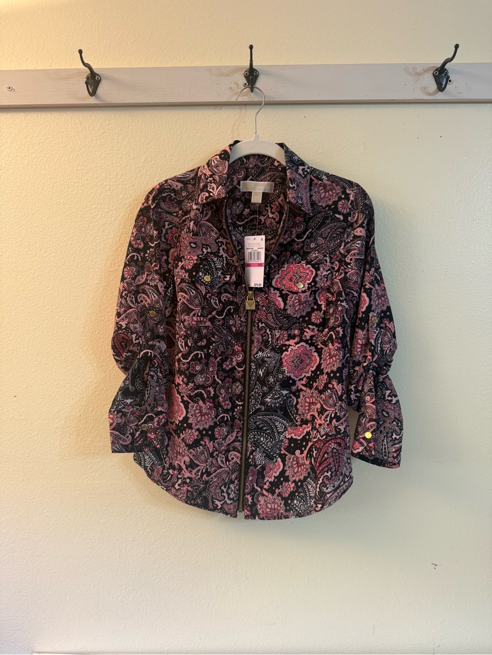 MICHAEL Michael Kors Black and Pink Paisley Zip Bomber Jacket - Floral Motif